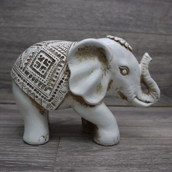 Elephant Figurine Carved Tribal Trunk Up Lucky Statue Resin Home Decor - Picture 1 of 14
